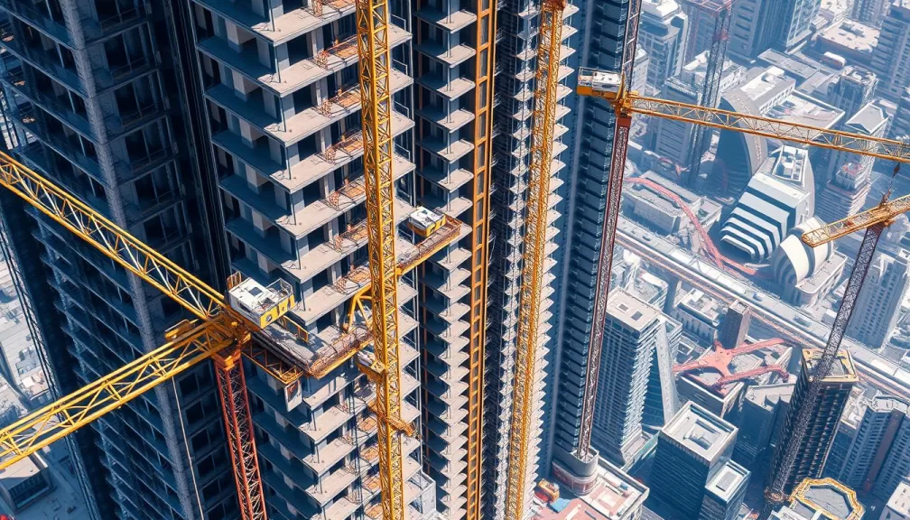 Modern skyscraper construction showing sustainable design elements and innovative structural solutions