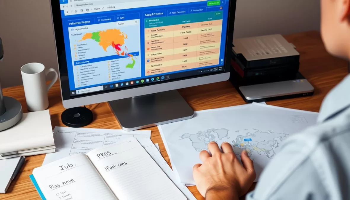 Person researching international relocation options on computer with planning documents