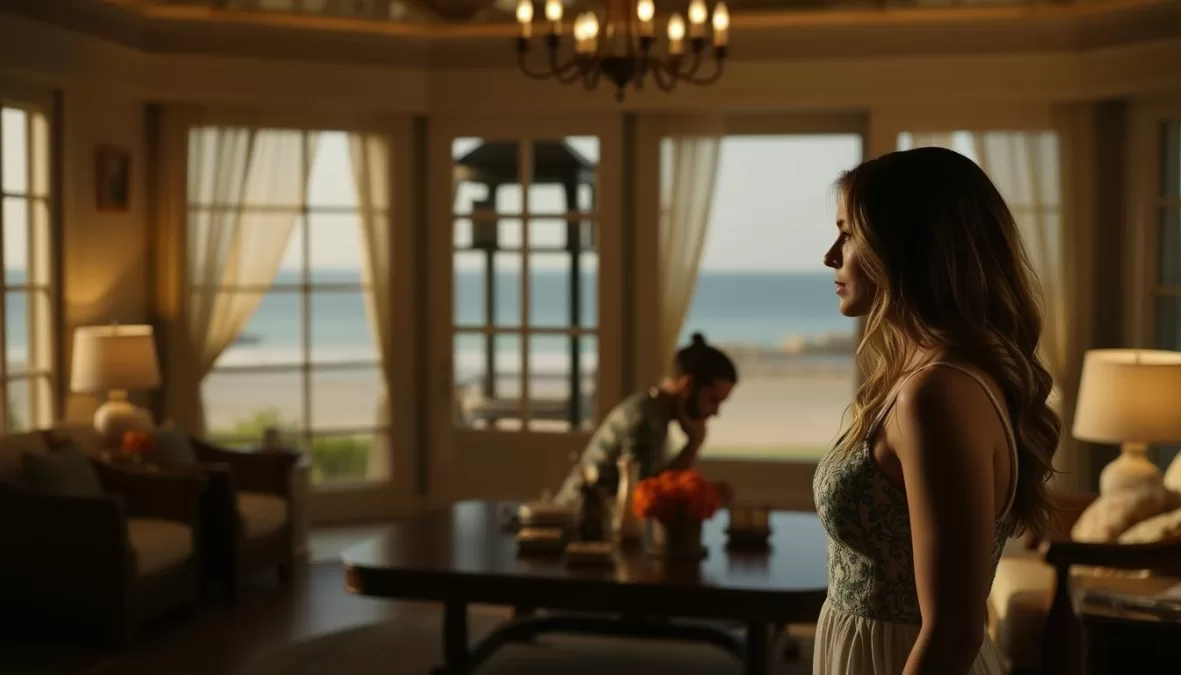 Sirens dramatic scene with Meghann Fahy and Milly Alcock in a beachfront estate