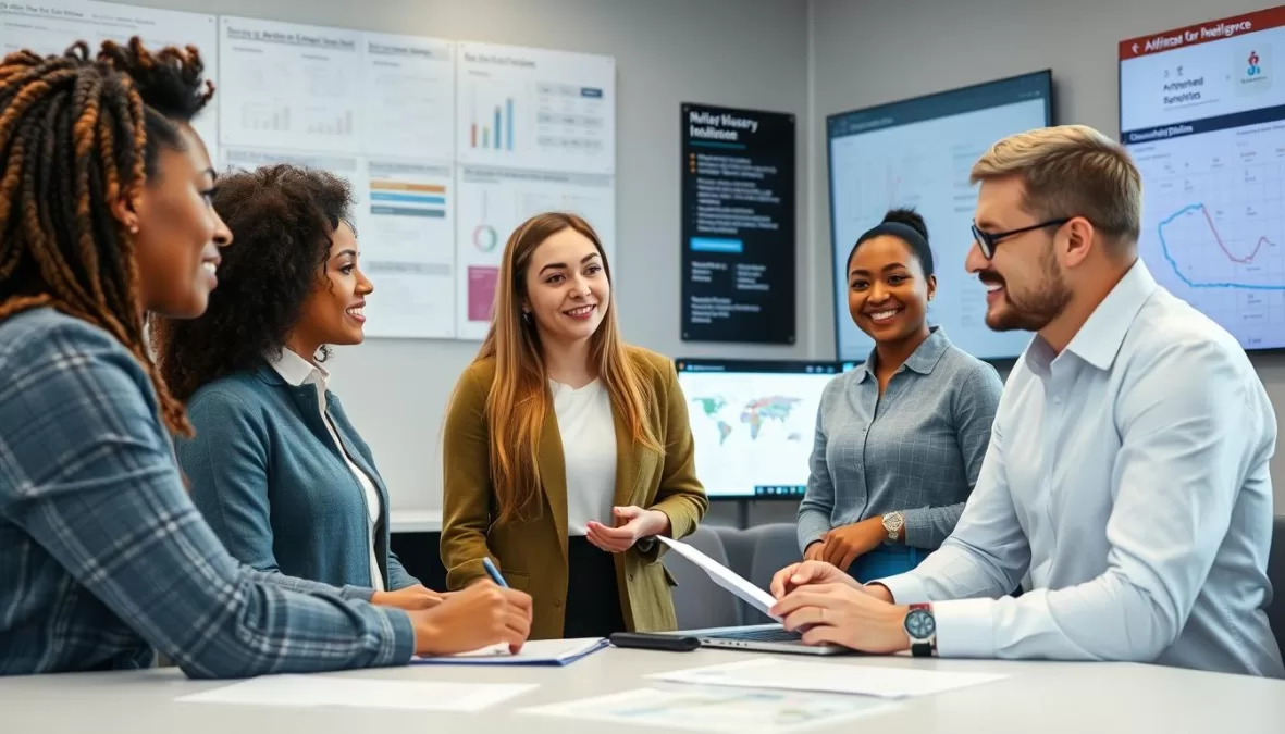 Students discussing AI career options with counselors