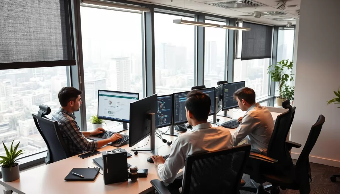 Top 10 Web Development Companies in Delhi 2025 showcasing modern office spaces with developers working