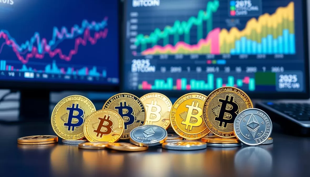 Various cryptocurrency coins with 2025 growth chart showing the best crypto to buy now 2025