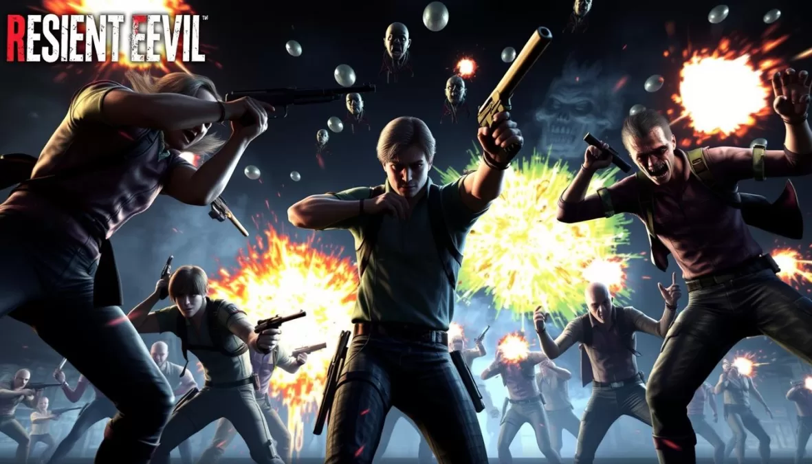 Action scene from Resident Evil: Death Island showing Leon and other characters fighting zombies