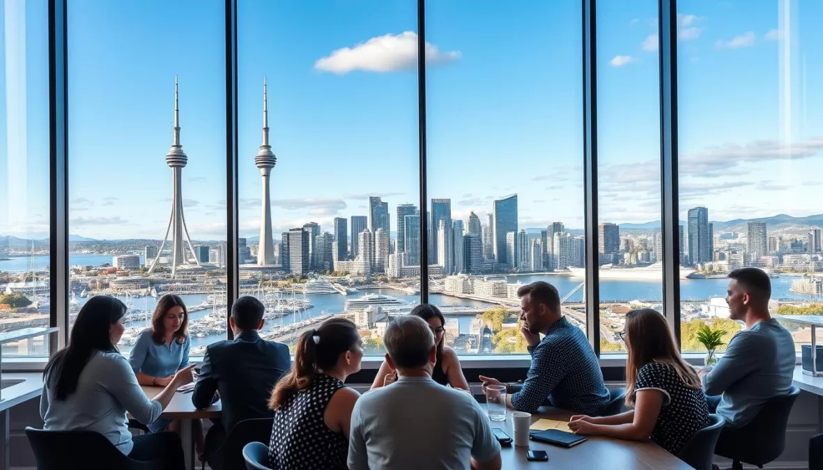 Auckland business district with entrepreneurs working in modern office space