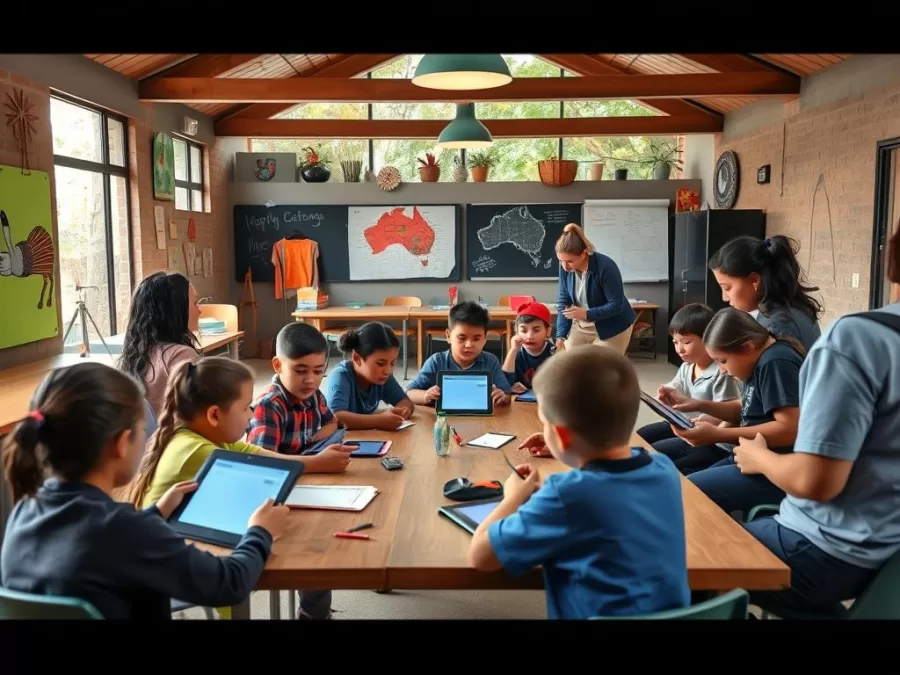 Australian classroom with diverse students using digital learning tools in an outdoor learning space