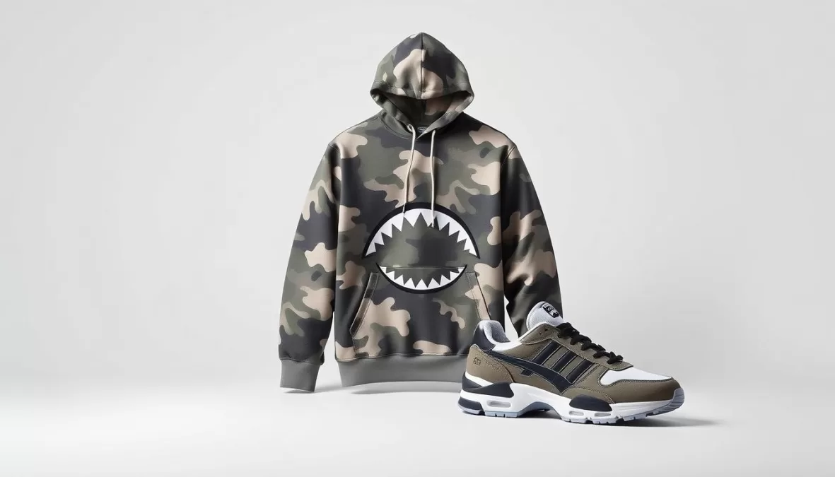 BAPE camo pattern hoodie and BAPE STA sneakers