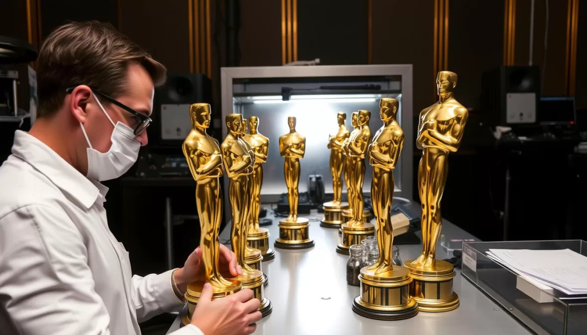 Behind-the-scenes at the Oscars engraving station where winners' names are added to statuettes