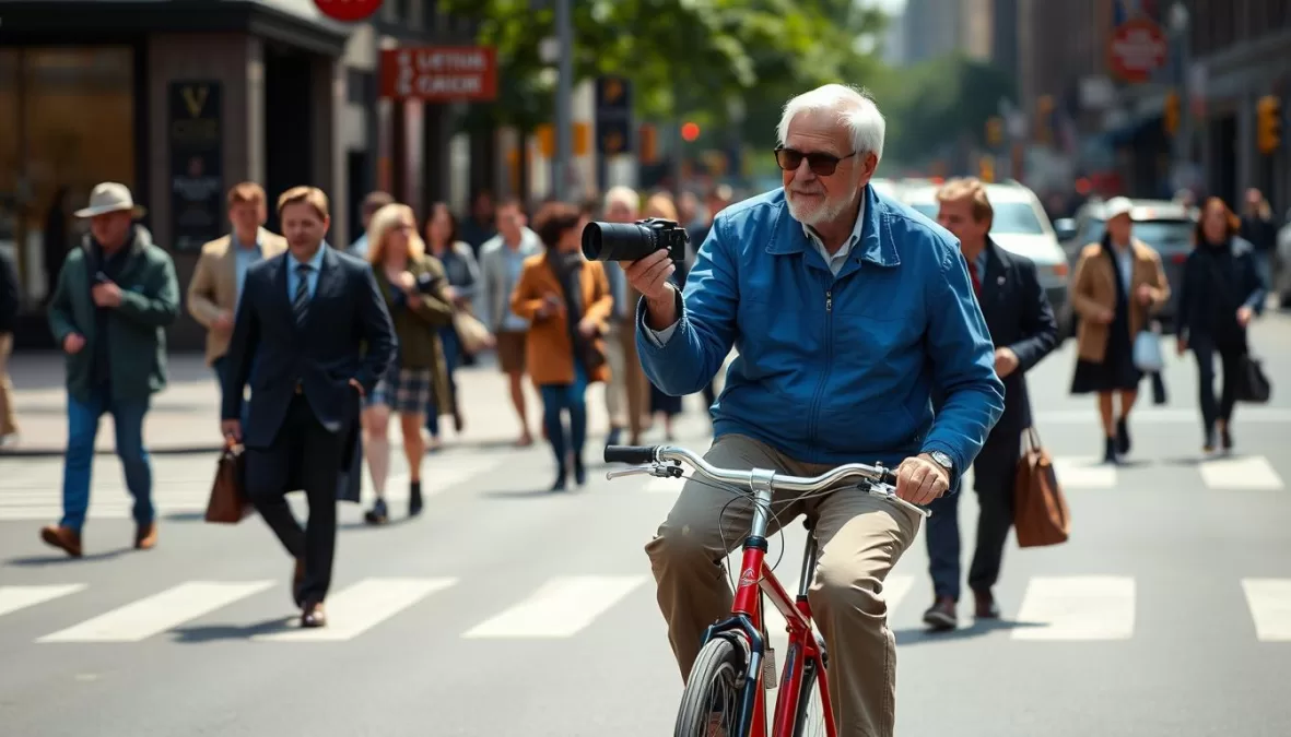 Bill Cunningham photographing street style on his bicycle in New York City