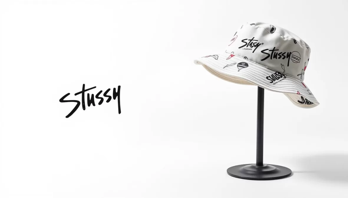Classic Stüssy logo t-shirt and bucket hat with signature design