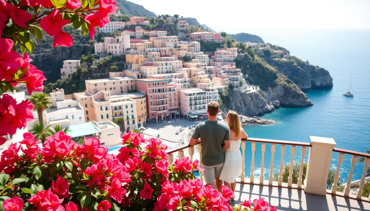 Couple enjoying view of Positano on the Amalfi Coast - Most Romantic Destinations for Couples