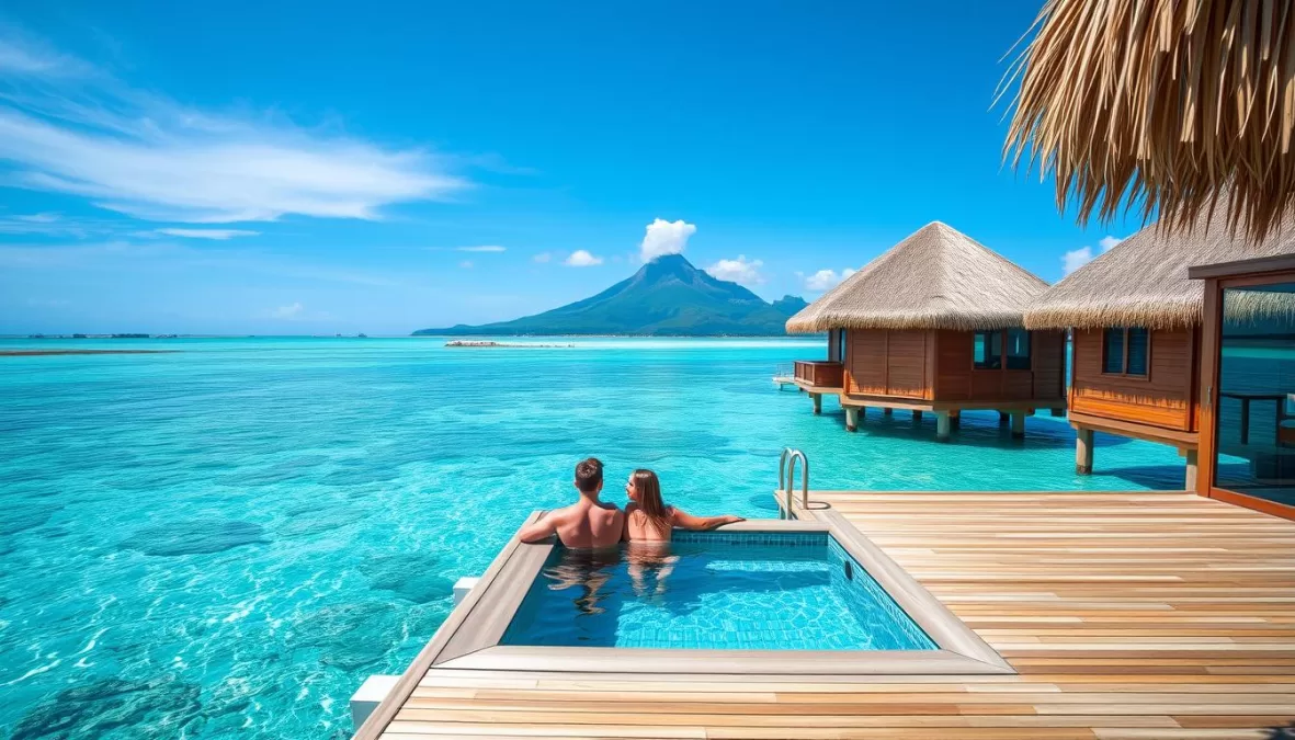 Couple relaxing in overwater bungalow in Bora Bora - Most Romantic Destinations for Couples