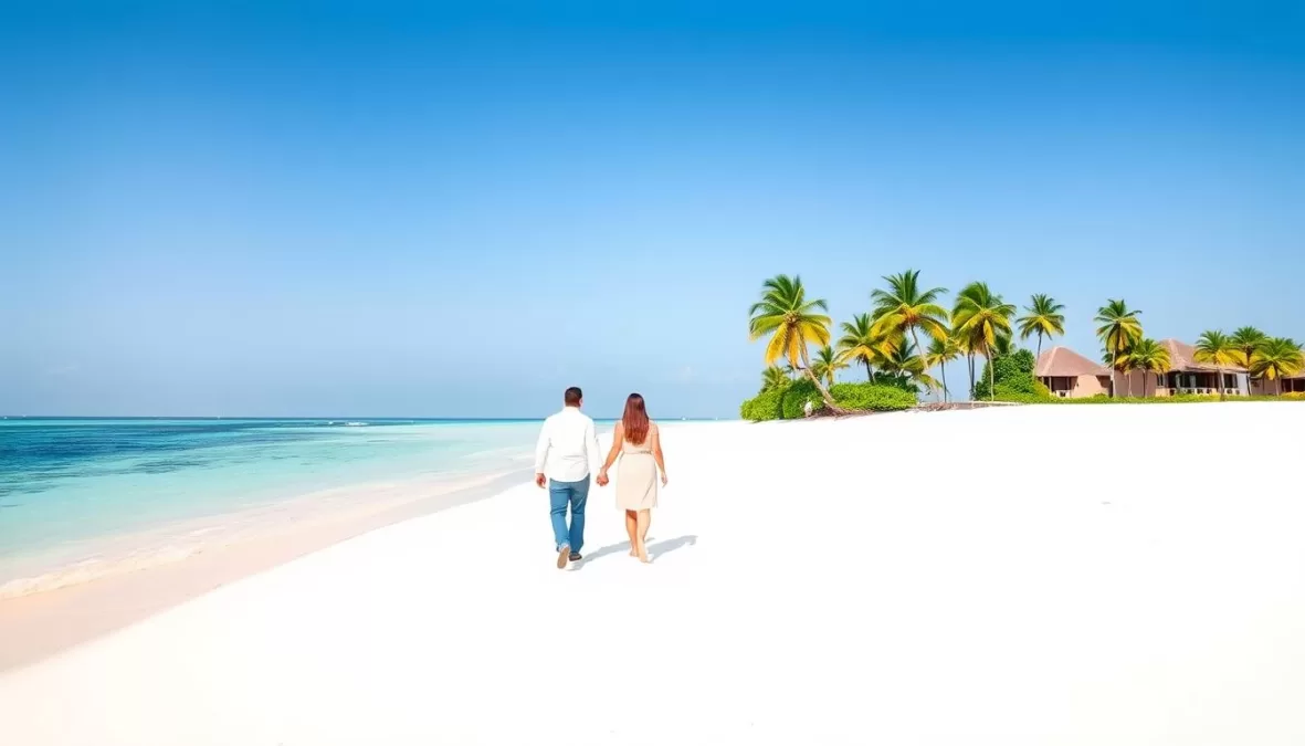 Couple walking on white sand beach in the Maldives - Most Romantic Destinations for Couples