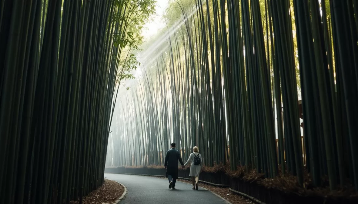 Couple walking through Arashiyama Bamboo Grove in Kyoto - Most Romantic Destinations for Couples