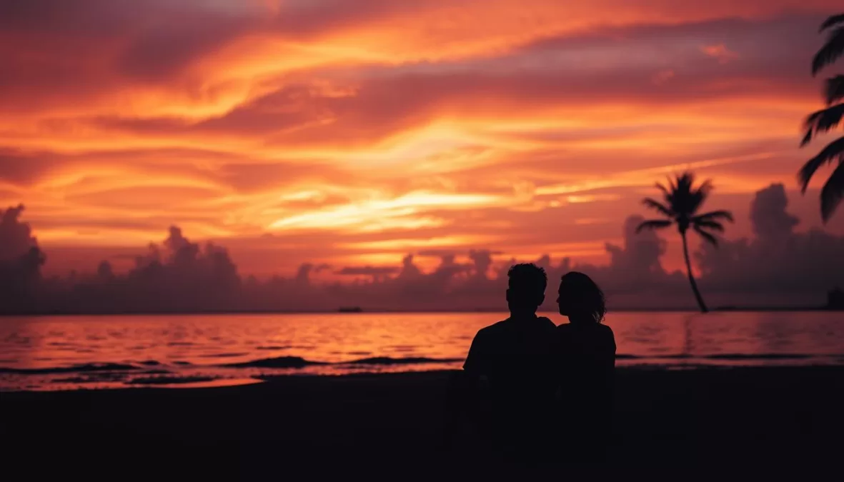 Couple watching sunset on beach with silhouettes - Most Romantic Destinations for Couples