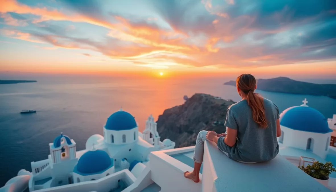 Couple watching sunset over Santorini's blue domes - Most Romantic Destinations for Couples