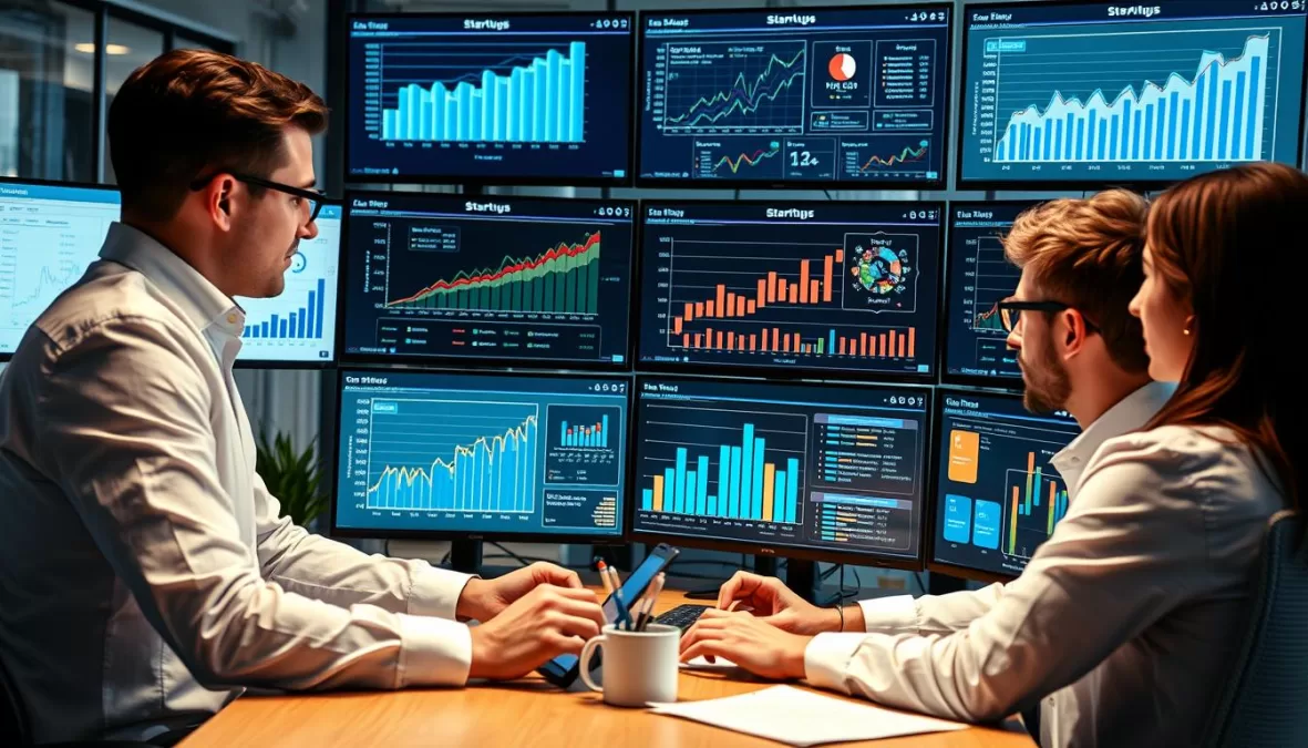 Data analysts reviewing startup metrics and growth potential for Top 10 Startups to Watch in 2025