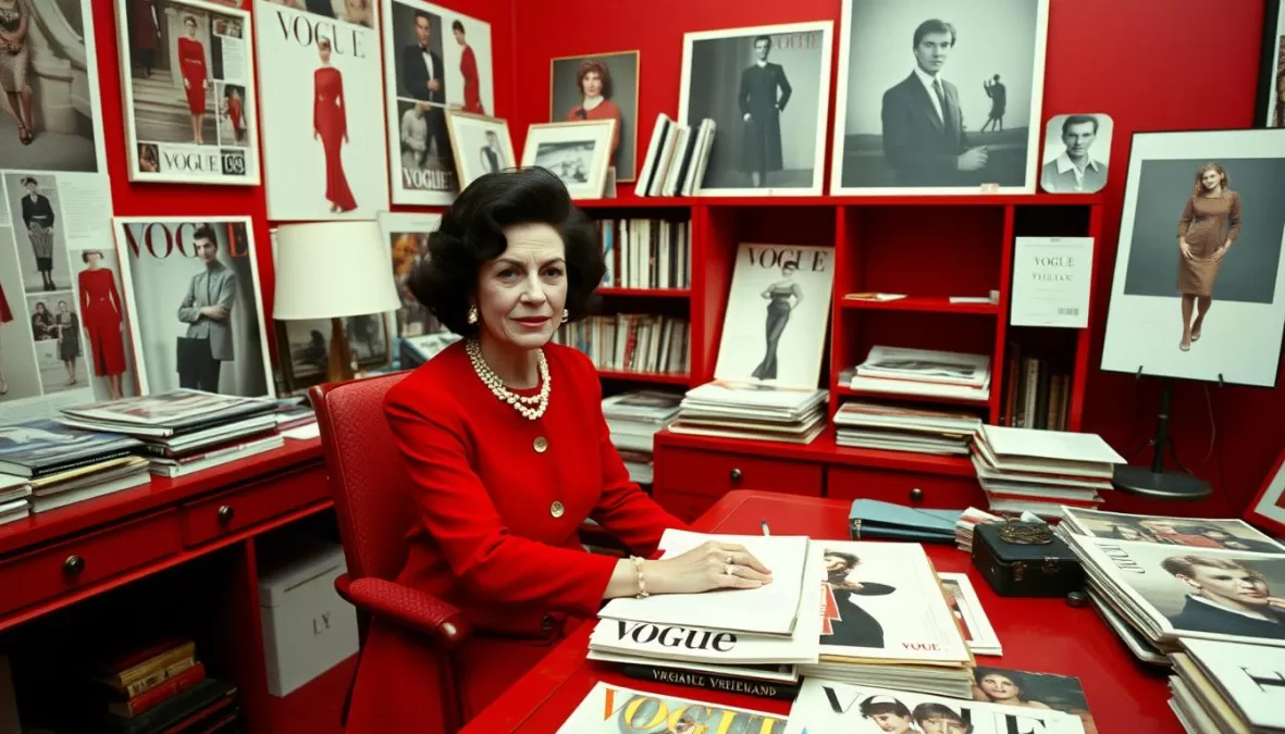 Diana Vreeland in her iconic red office at Vogue with fashion photography