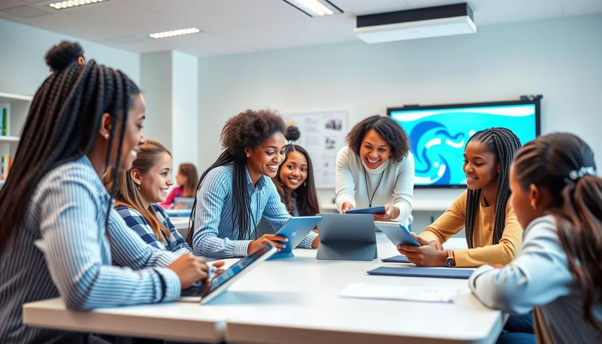 Diverse classroom with students engaged in collaborative learning with advanced technology