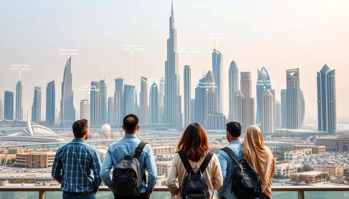 Dubai skyline with business free zones highlighted
