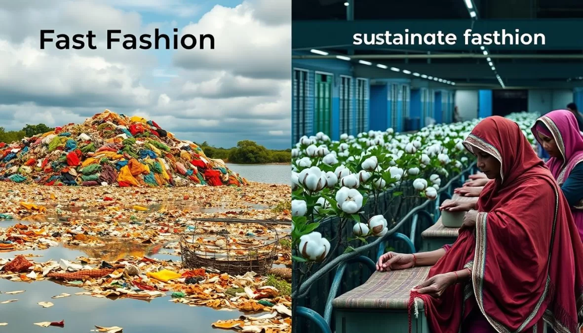 Environmental impact of fast fashion showing textile waste and sustainable fashion alternatives