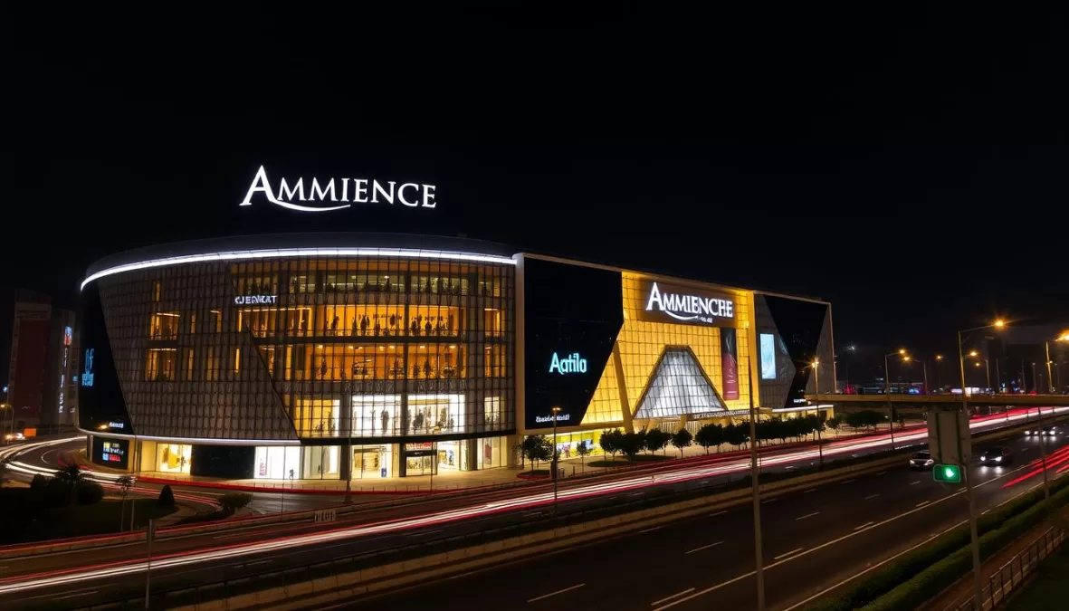 Exterior night view of Ambience Mall in Gurgaon with illuminated facade, among the top 10 biggest malls in India 2025