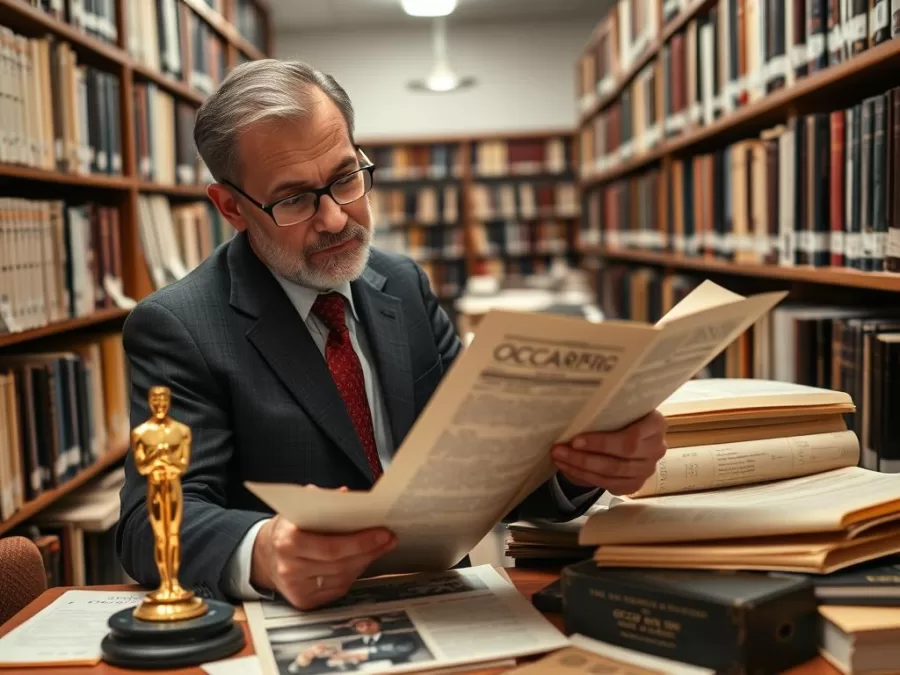 Film researcher examining Academy Awards archives and historical documents