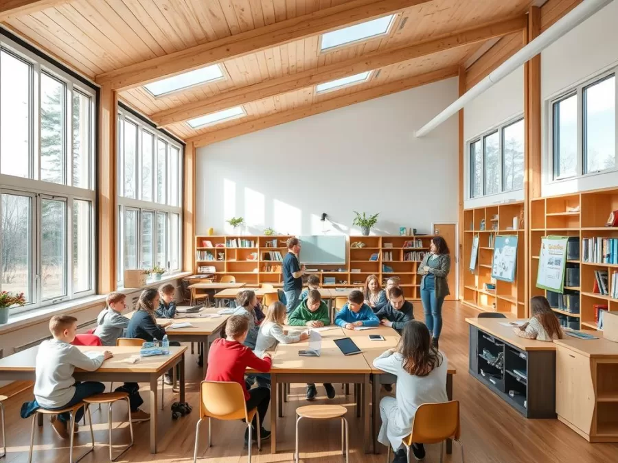 Finnish classroom emphasizing student wellbeing with natural elements, flexible learning spaces, and minimal testing pressure