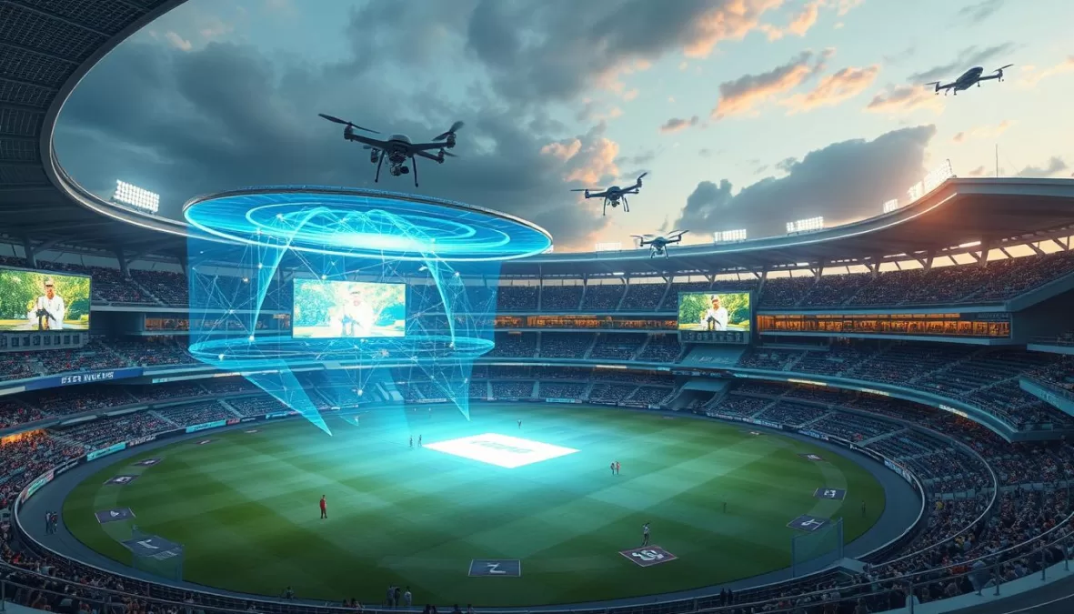 Futuristic cricket stadium with advanced technology and fan engagement features