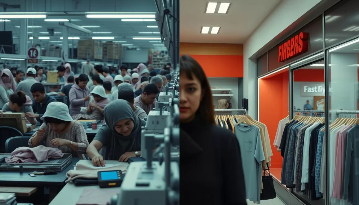 Garment workers in a factory contrasted with fast fashion consumption