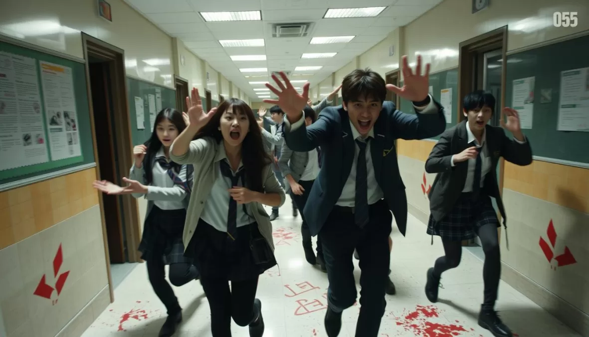 High school students fighting zombies in a school hallway in All of Us Are Dead