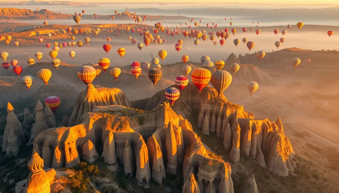 Hot air balloons over the unique rock formations of Cappadocia, Turkey at sunrise - Most Instagrammable Travel Destinations in 2025