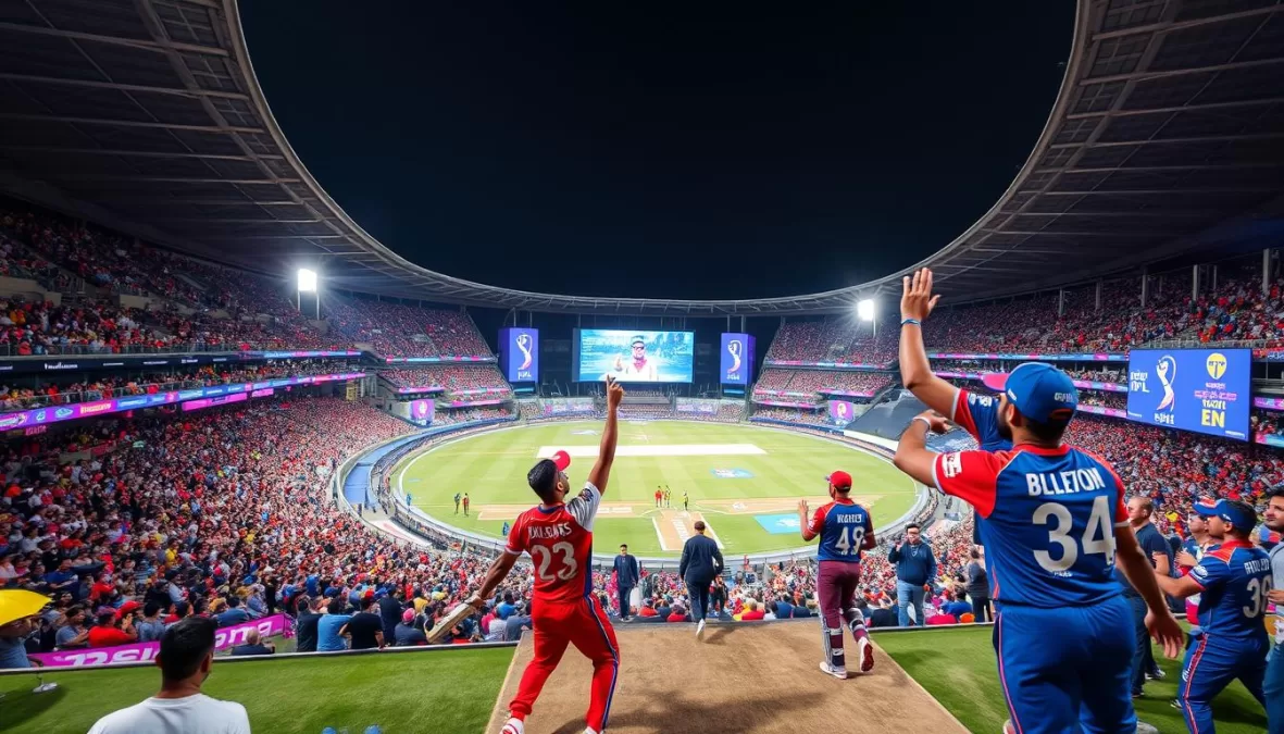 IPL 2025 match action showing packed stadium and players celebrating