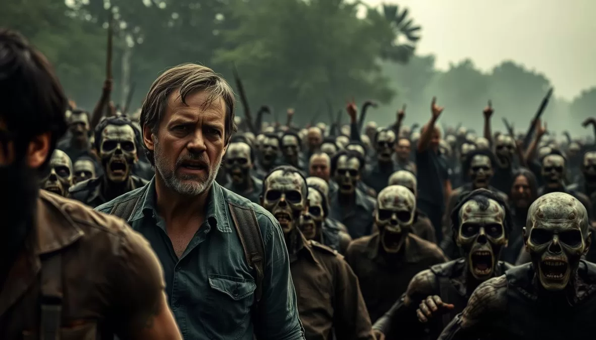 Iconic scene from The Walking Dead showing survivors facing a horde of zombies