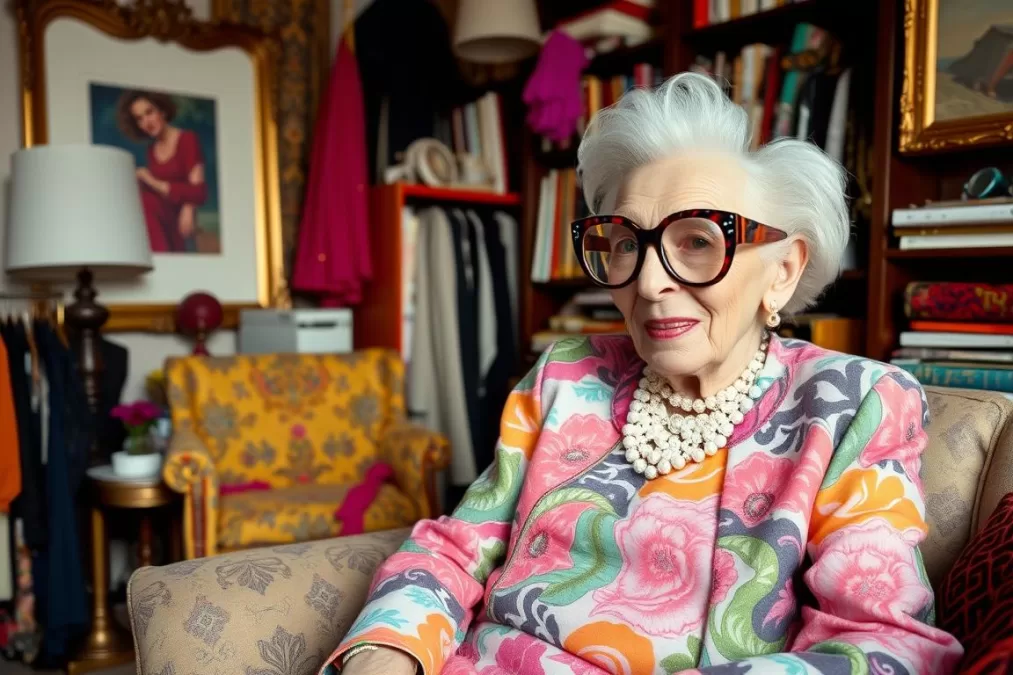 Iris Apfel surrounded by her colorful fashion collection