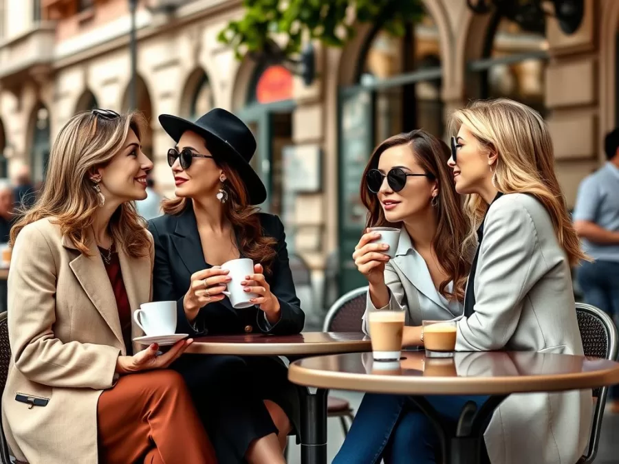 Italian women enjoying coffee at a street café in Milan, embodying the effortless style and Mediterranean beauty