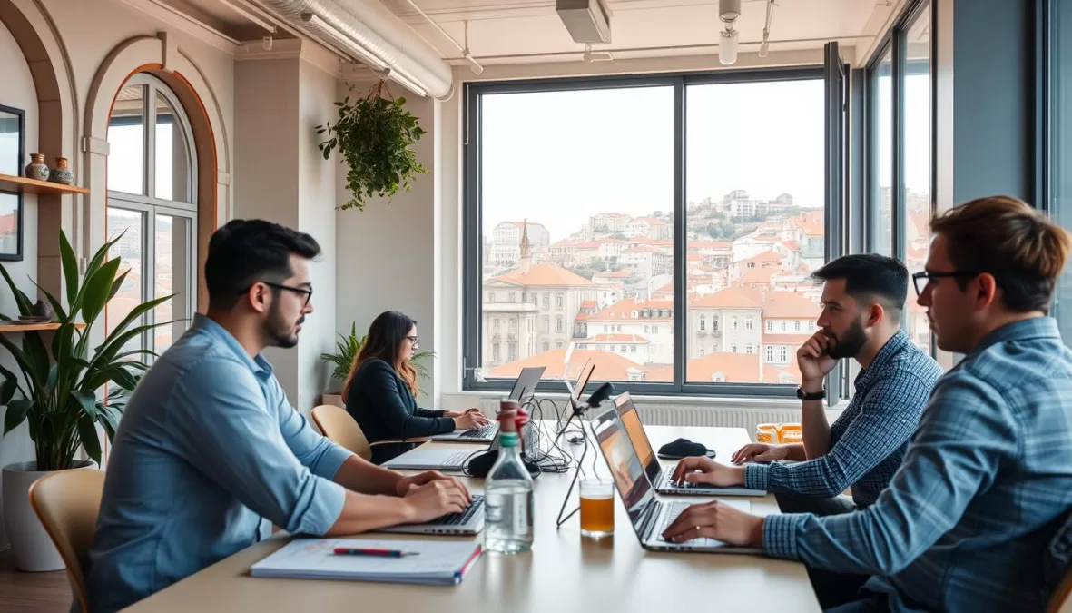 Lisbon startup hub with entrepreneurs in coworking space