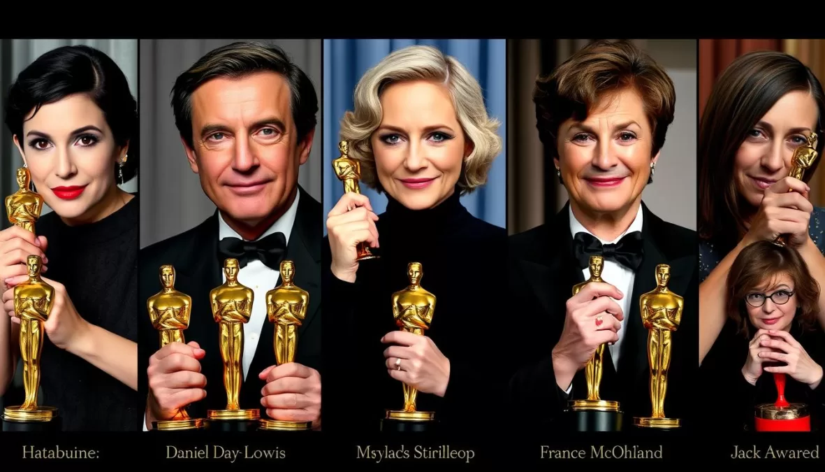 Montage of the most awarded actors and actresses in Oscar history with their statuettes