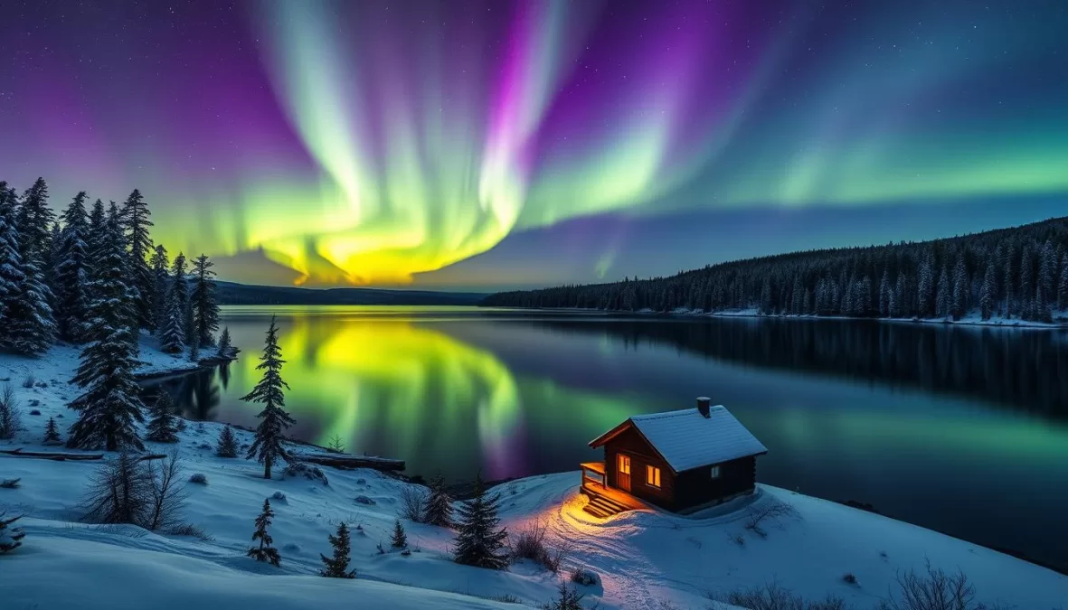 Northern Lights over a Finnish lake and forest, illustrating Finland as one of the safest countries to travel in 2025