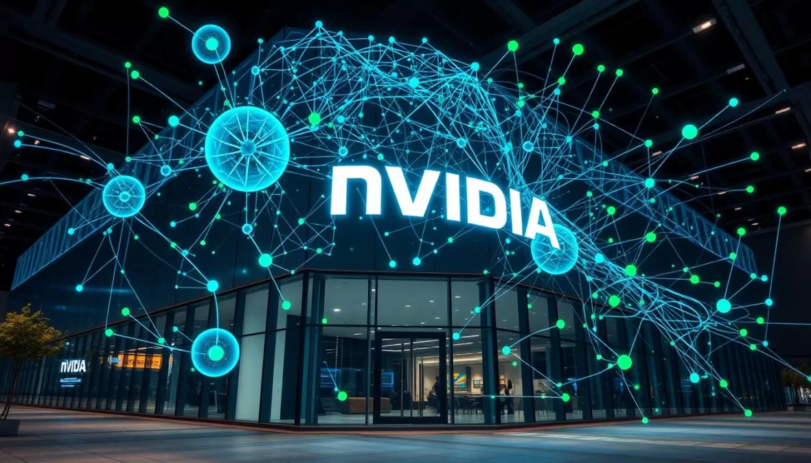 Nvidia headquarters with AI visualization overlay representing the fastest-growing company of 2025