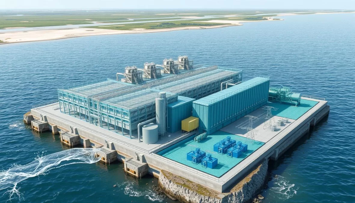 Osmotic power plant generating electricity where a river meets the ocean