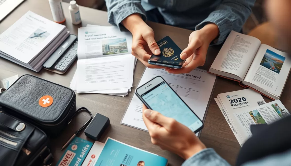 Person checking travel documents and safety apps on smartphone before international travel