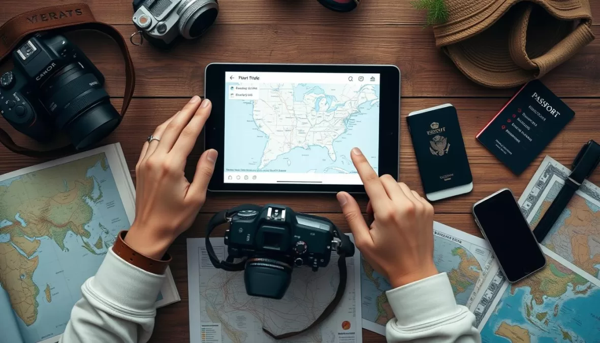 Person planning travel on digital map with camera and passport - Most Instagrammable Travel Destinations in 2025