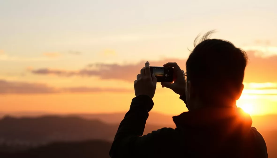 Person taking sunset photo with smartphone at scenic viewpoint - Most Instagrammable Travel Destinations in 2025