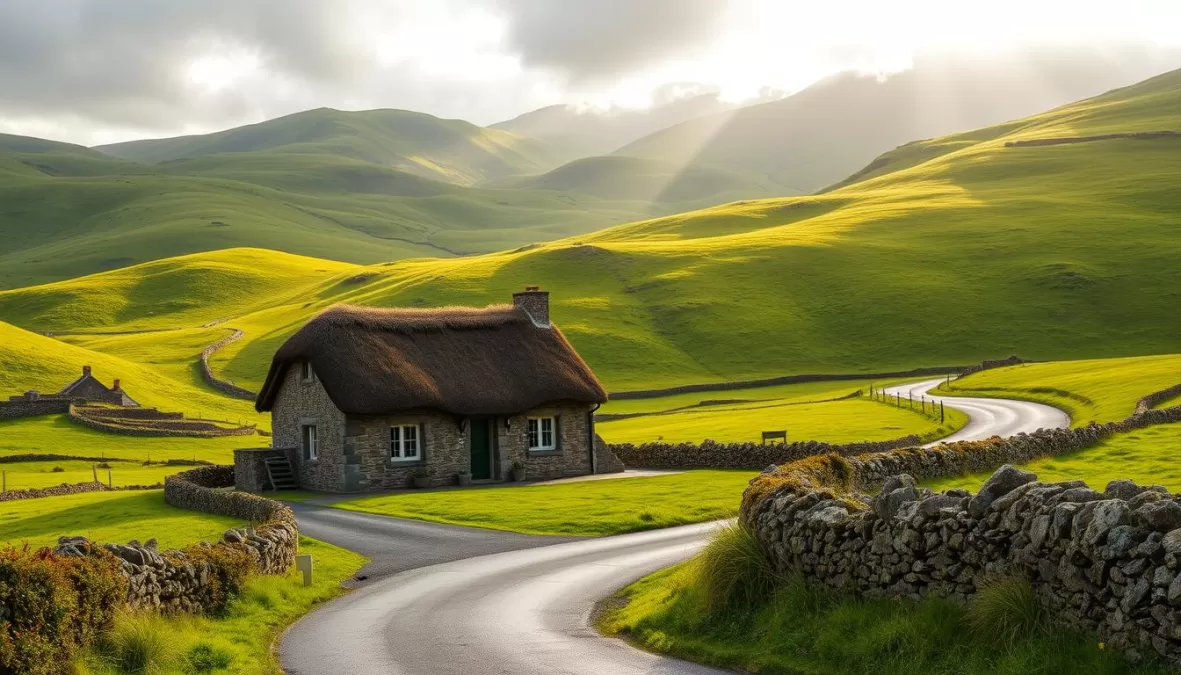 Picturesque Irish countryside with rolling green hills and a traditional cottage, representing Ireland as one of the safest countries to travel in 2025