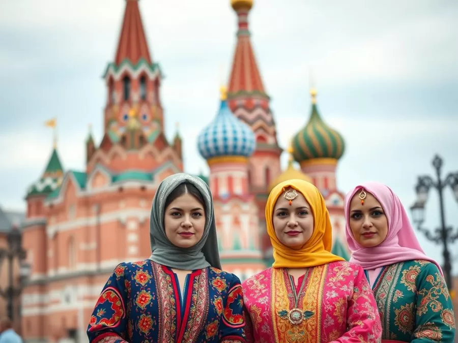 Russian women in traditional dress showcasing elegant beauty against the backdrop of Saint Basil's Cathedral