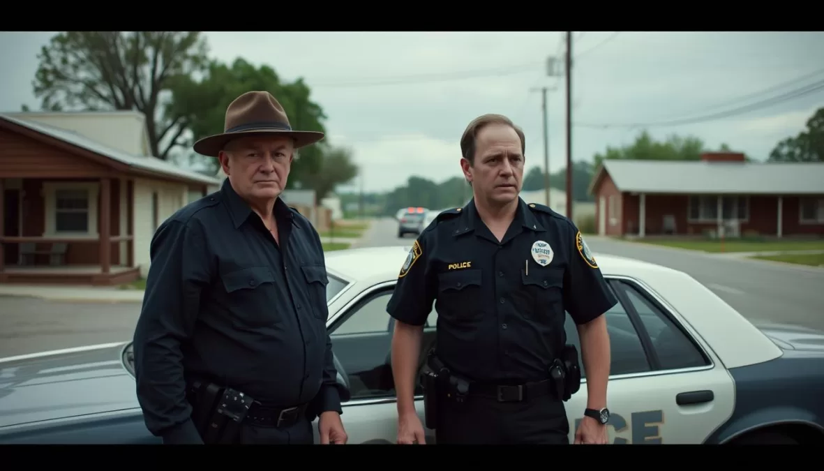 Scene from The Dead Don't Die zombie movie on Netflix showing Bill Murray and Adam Driver as police officers