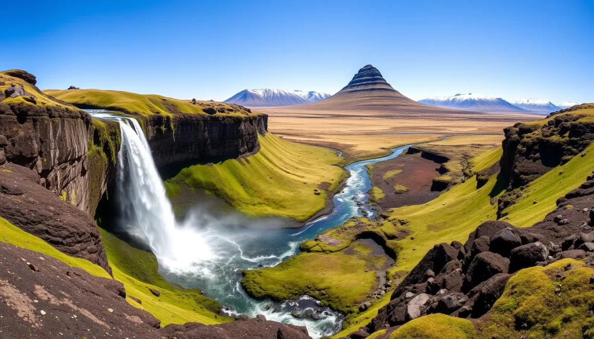 Scenic view of Iceland's natural landscape with waterfalls and mountains, showcasing why it's the safest country to travel in 2025