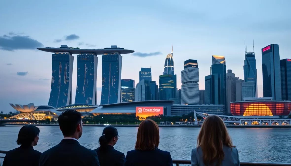 Singapore business district skyline with Marina Bay Sands