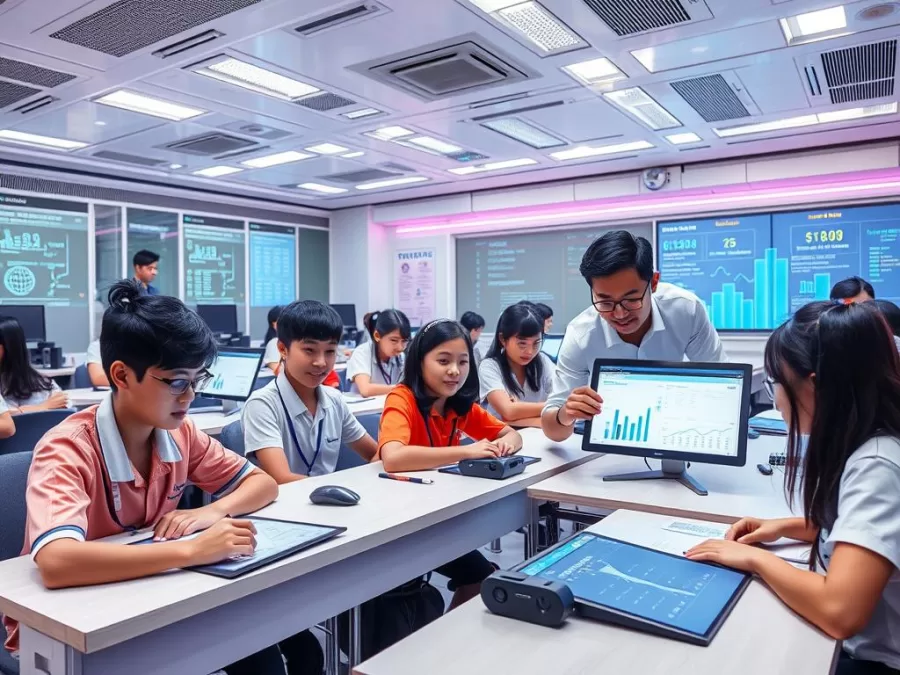 Singapore's futuristic classroom with advanced technology integration and students engaged in complex problem-solving