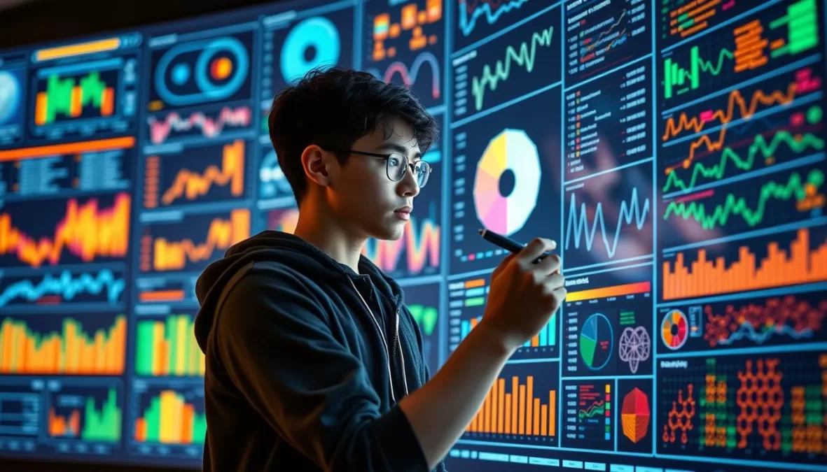 Student analyzing complex data visualizations and drawing insights